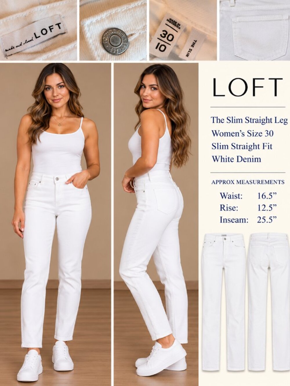 S1251 The Slim Straight Leg White LOFT Jeans Women's Size 30